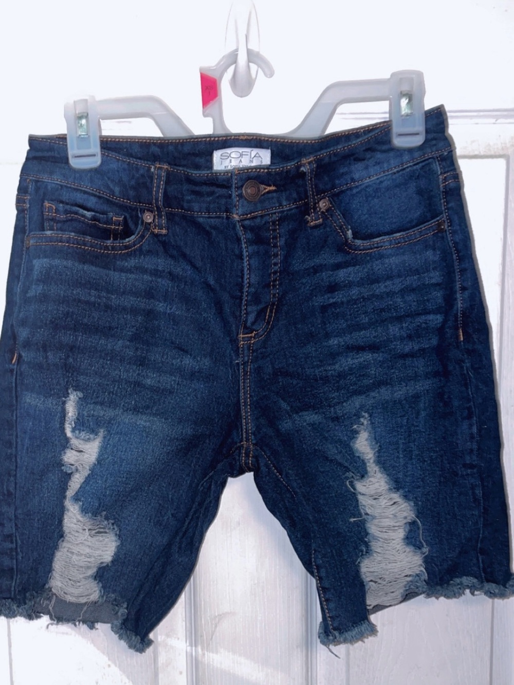 sofia by sofia vergara Dark Blue Distressed Denim Bermuda Shorts